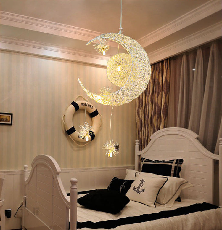 Star & Moon Chandelier Light | Aluminum Wire Celestial Pendant Lamp | Warm LED Lighting for Bedroom, Nursery & Kids Room