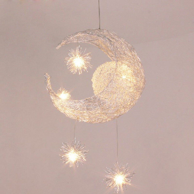 Star & Moon Chandelier Light | Aluminum Wire Celestial Pendant Lamp | Warm LED Lighting for Bedroom, Nursery & Kids Room