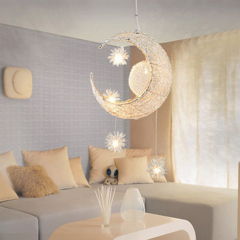 Star & Moon Chandelier Light | Aluminum Wire Celestial Pendant Lamp | Warm LED Lighting for Bedroom, Nursery & Kids Room
