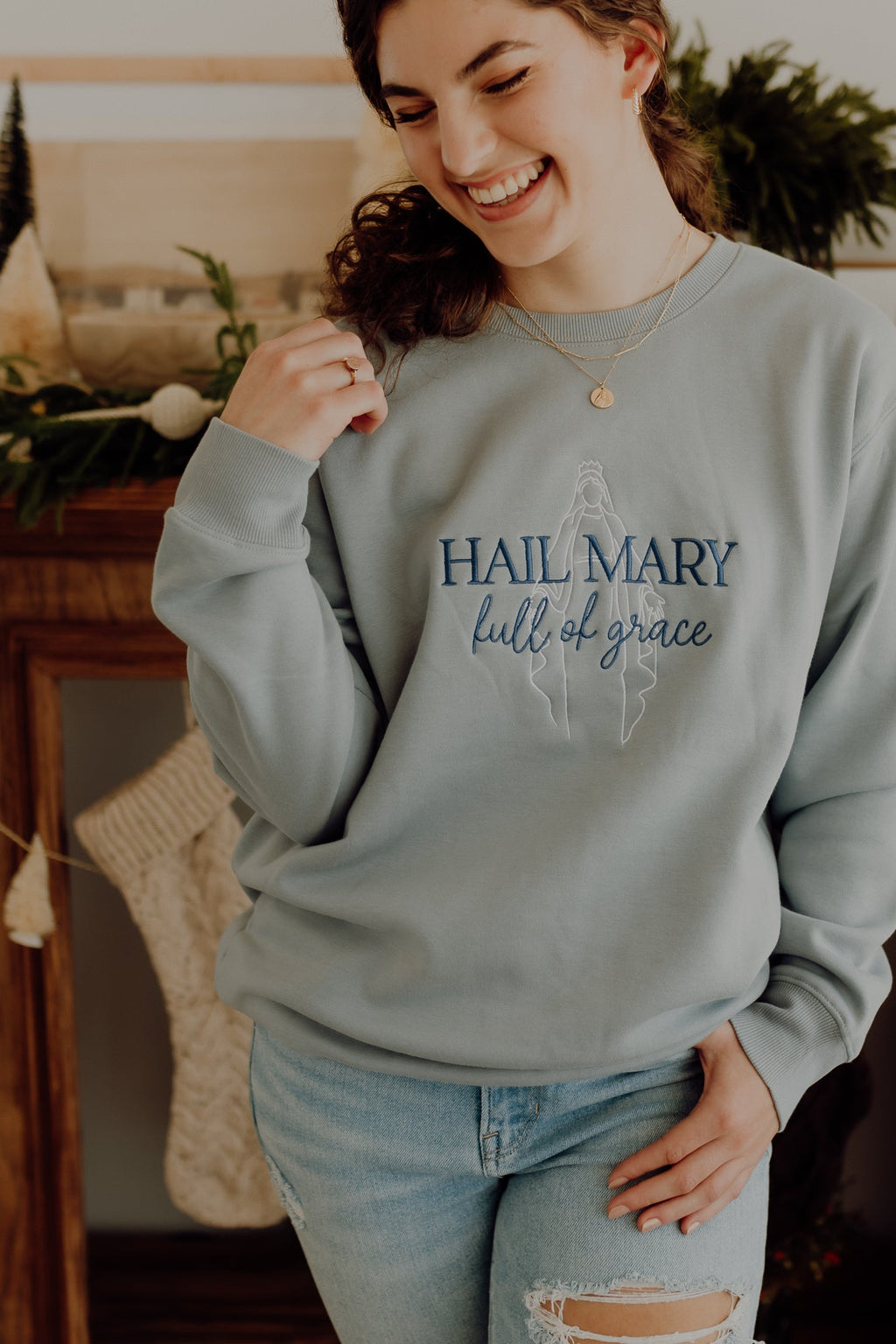 Hail Mary Crewneck Sweatshirt, Catholic Sweatshirt, Christian Crewneck, Marian Prayer Apparel, Embroidered Faith Sweatshirt, Cozy Religious Gift