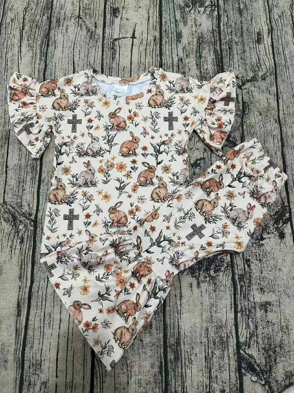 Bunny Cross Easter Outfit for Girls | Christian Toddler Bell Bottom Set | 2-Piece Spring Church Outfit