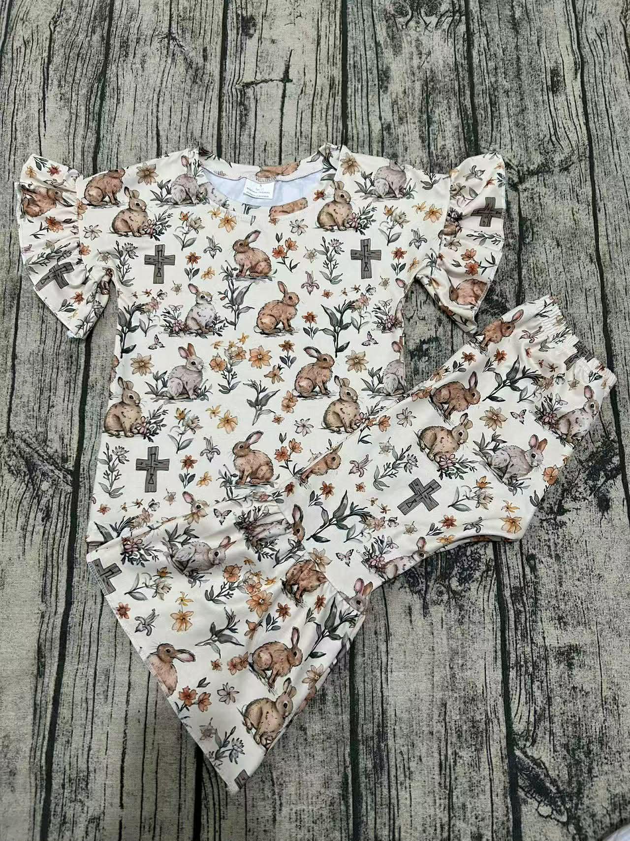 Bunny Cross Easter Outfit for Girls | Christian Toddler Bell Bottom Set | 2-Piece Spring Church Outfit