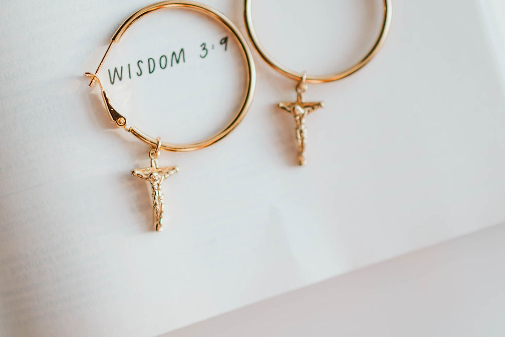 Crucifix Hoop Earrings – Catholic Cross Dangle Hoops | Faith-Inspired Jewelry Gift for Women