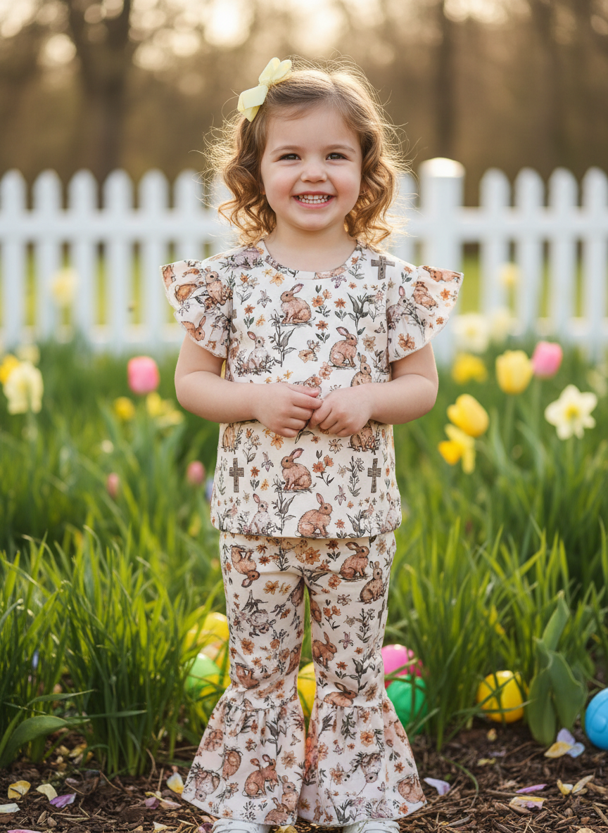 Bunny Cross Easter Outfit for Girls | Christian Toddler Bell Bottom Set | 2-Piece Spring Church Outfit