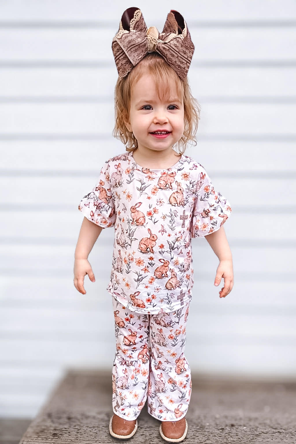Bunny Cross Easter Outfit for Girls | Christian Toddler Bell Bottom Set | 2-Piece Spring Church Outfit