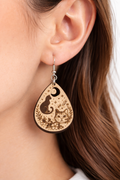 Celestial Cat Teardrop Earrings – Laser Engraved Wooden Moon & Floral Design | Lightweight Dangle Jewelry