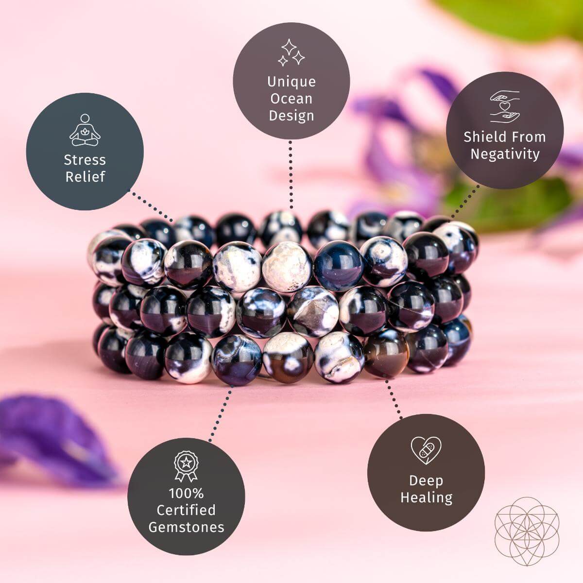 Orca Agate Bracelet – Natural Black & White Stone Beaded Bracelet | Stretch Gemstone Jewelry
