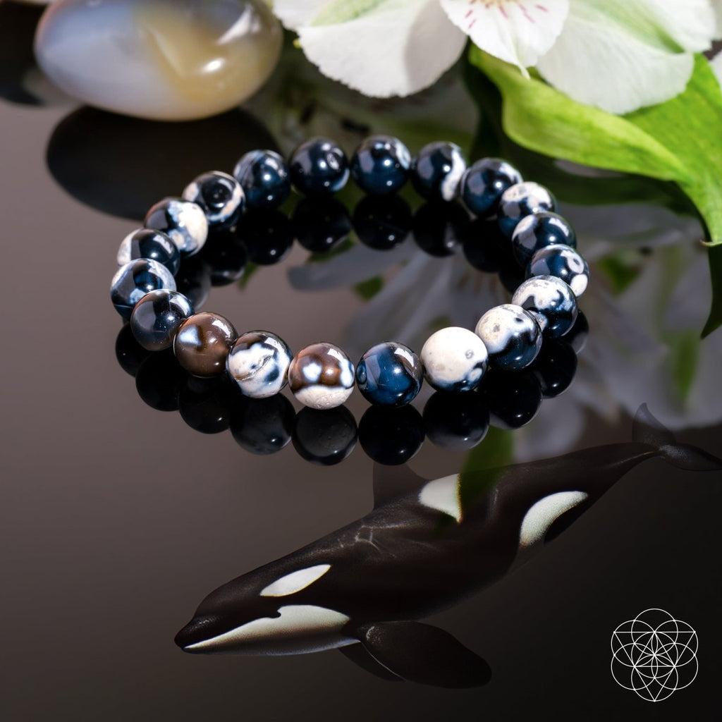 Orca Agate Bracelet – Natural Black & White Stone Beaded Bracelet | Stretch Gemstone Jewelry