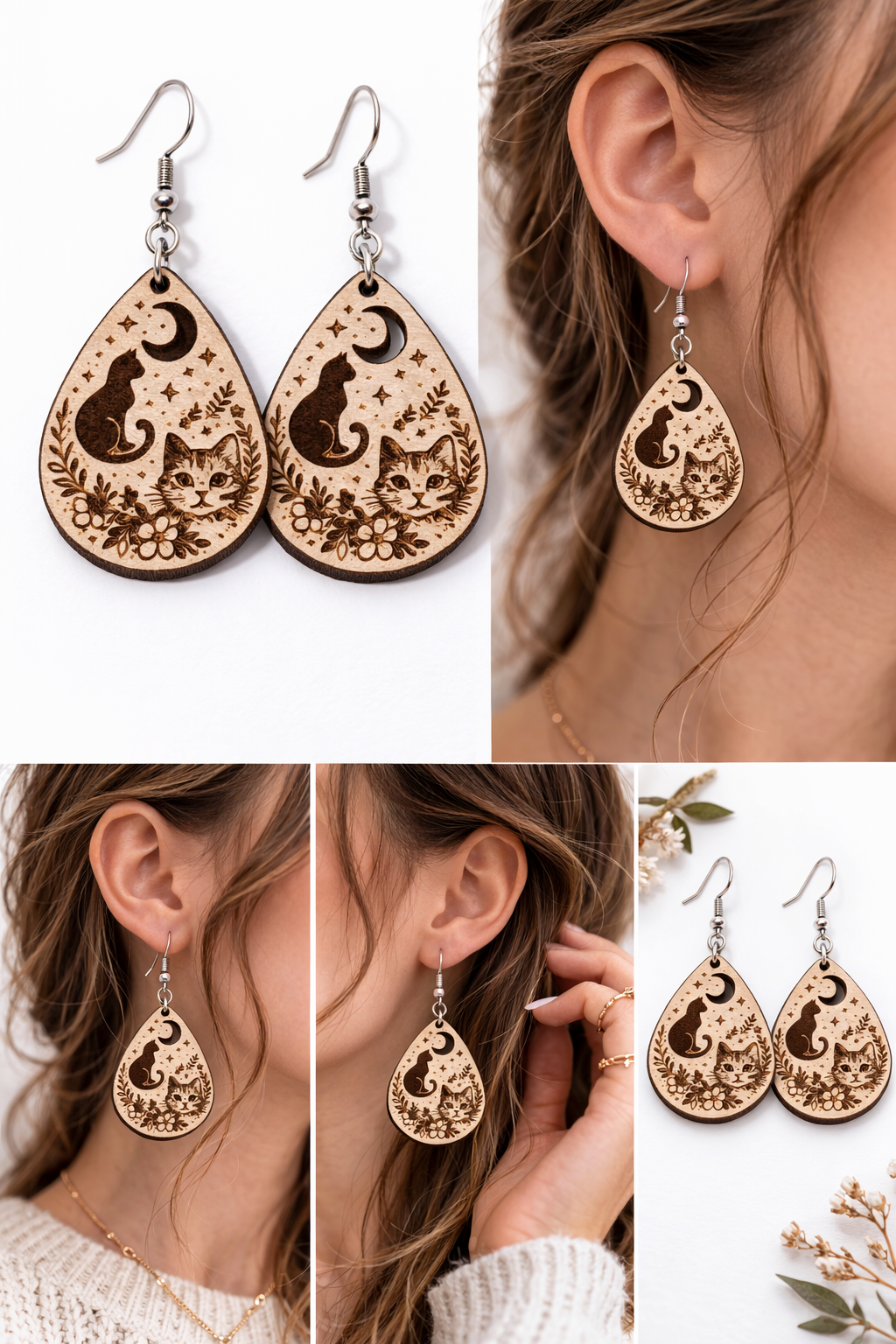 Celestial Cat Teardrop Earrings – Laser Engraved Wooden Moon & Floral Design | Lightweight Dangle Jewelry