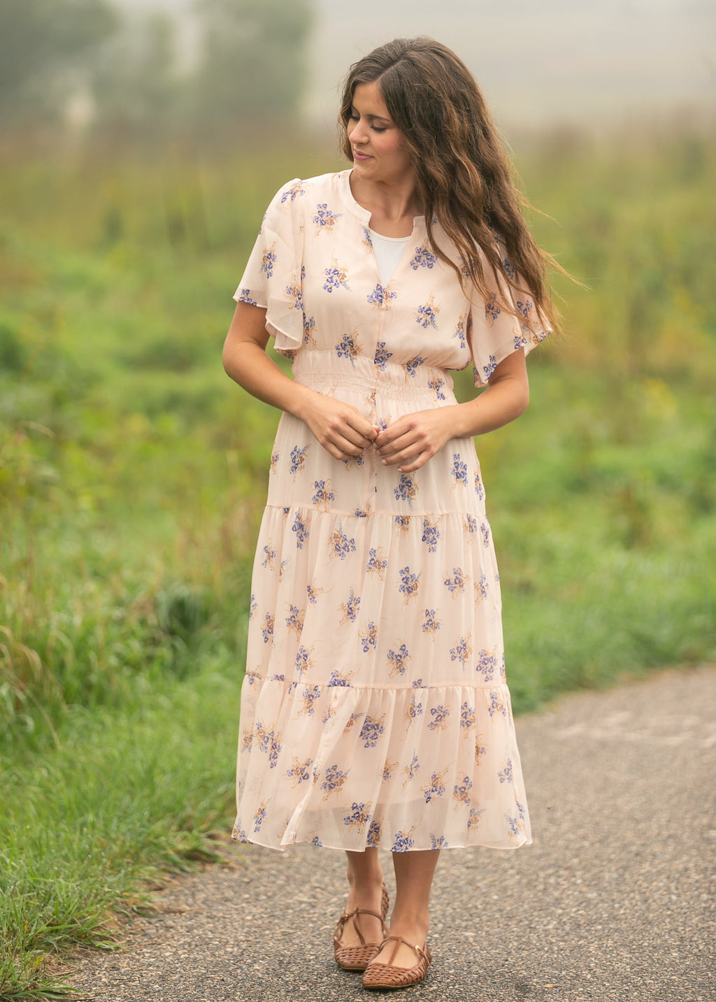 Gina Pink Floral Short Sleeve Tiered Midi Dress