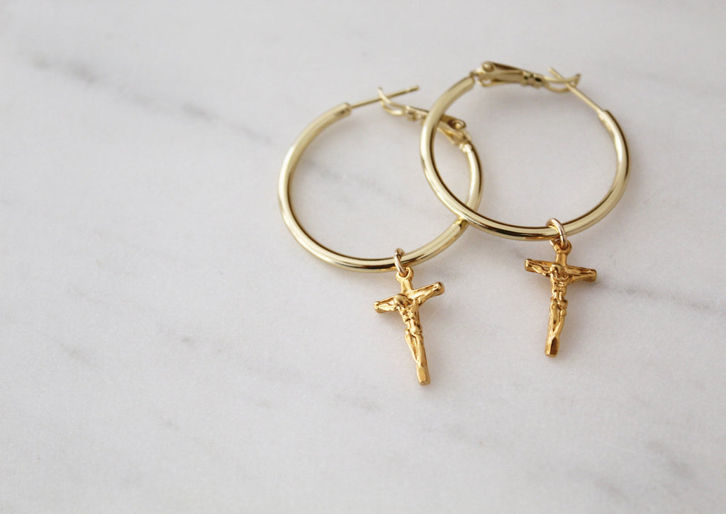 Crucifix Hoop Earrings – Catholic Cross Dangle Hoops | Faith-Inspired Jewelry Gift for Women