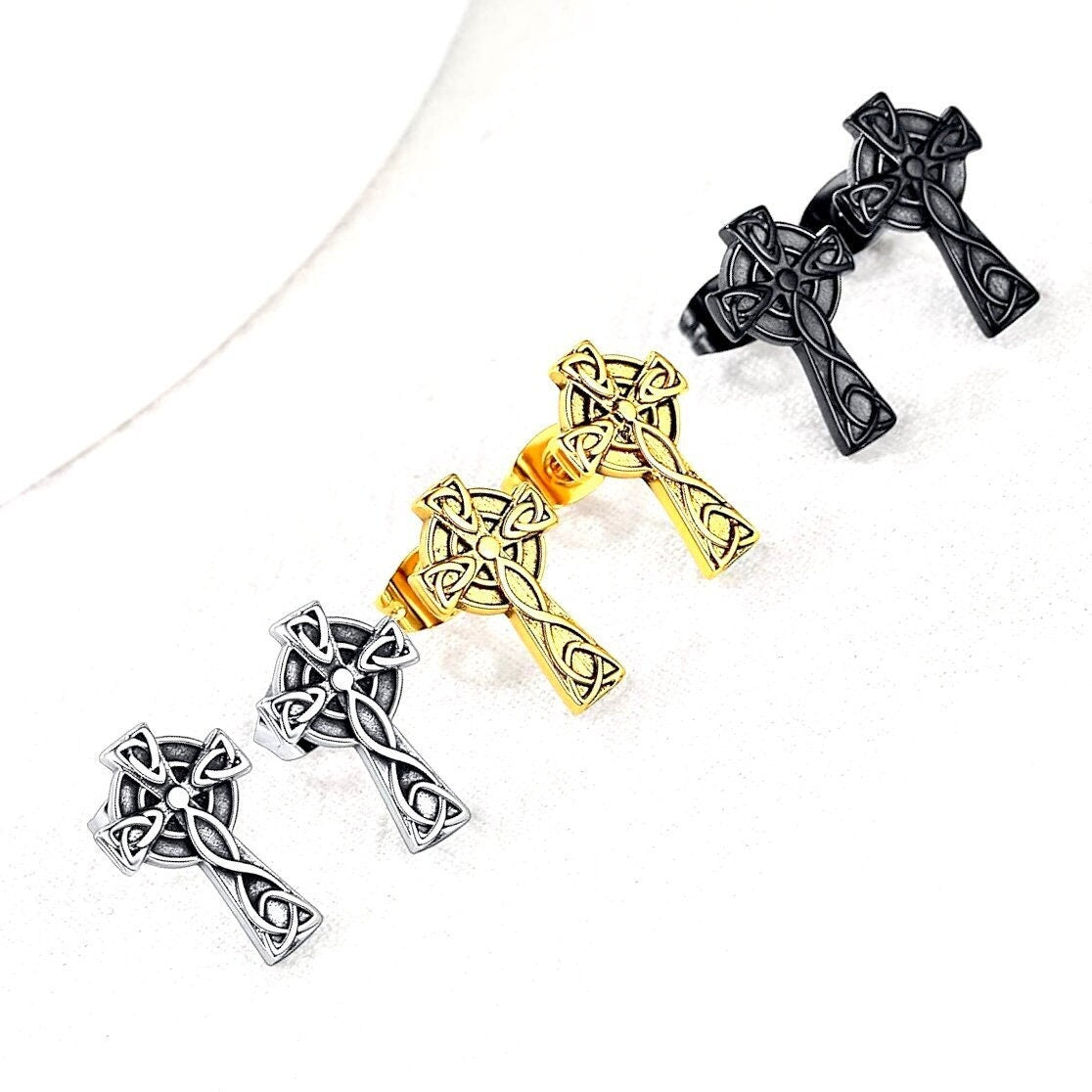 Celtic Knot Cross Stud Earrings – Hypoallergenic Post Earrings | Silver, Gold & Black Jewelry