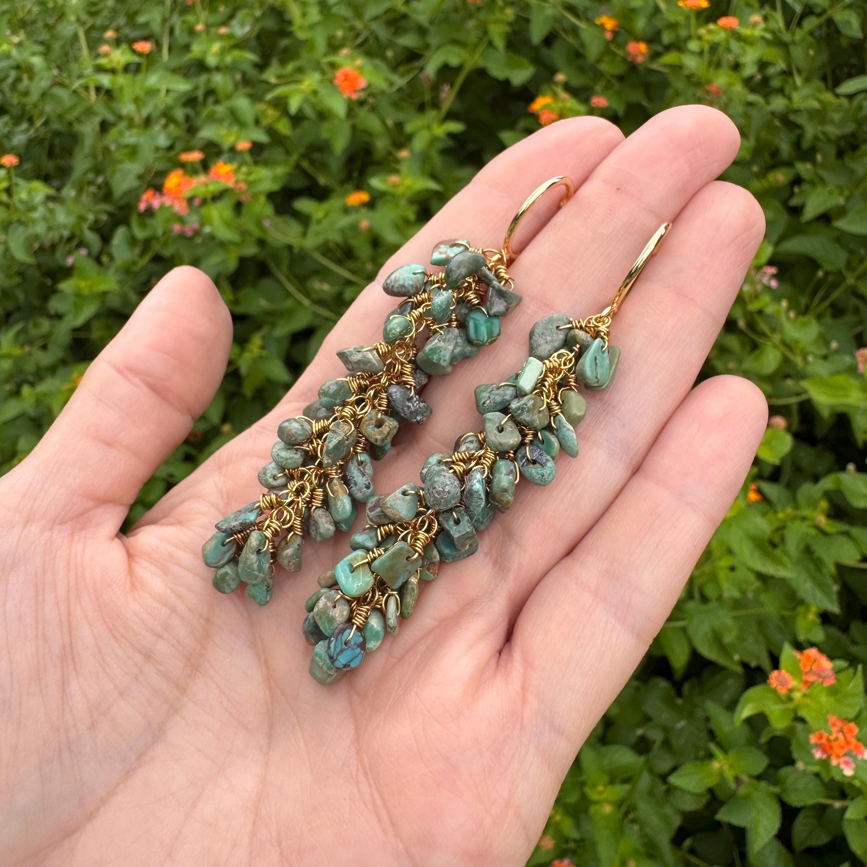 Turquoise Cluster Hoop Earrings – Wire Wrapped Handmade Hoops | Natural Stone Jewelry