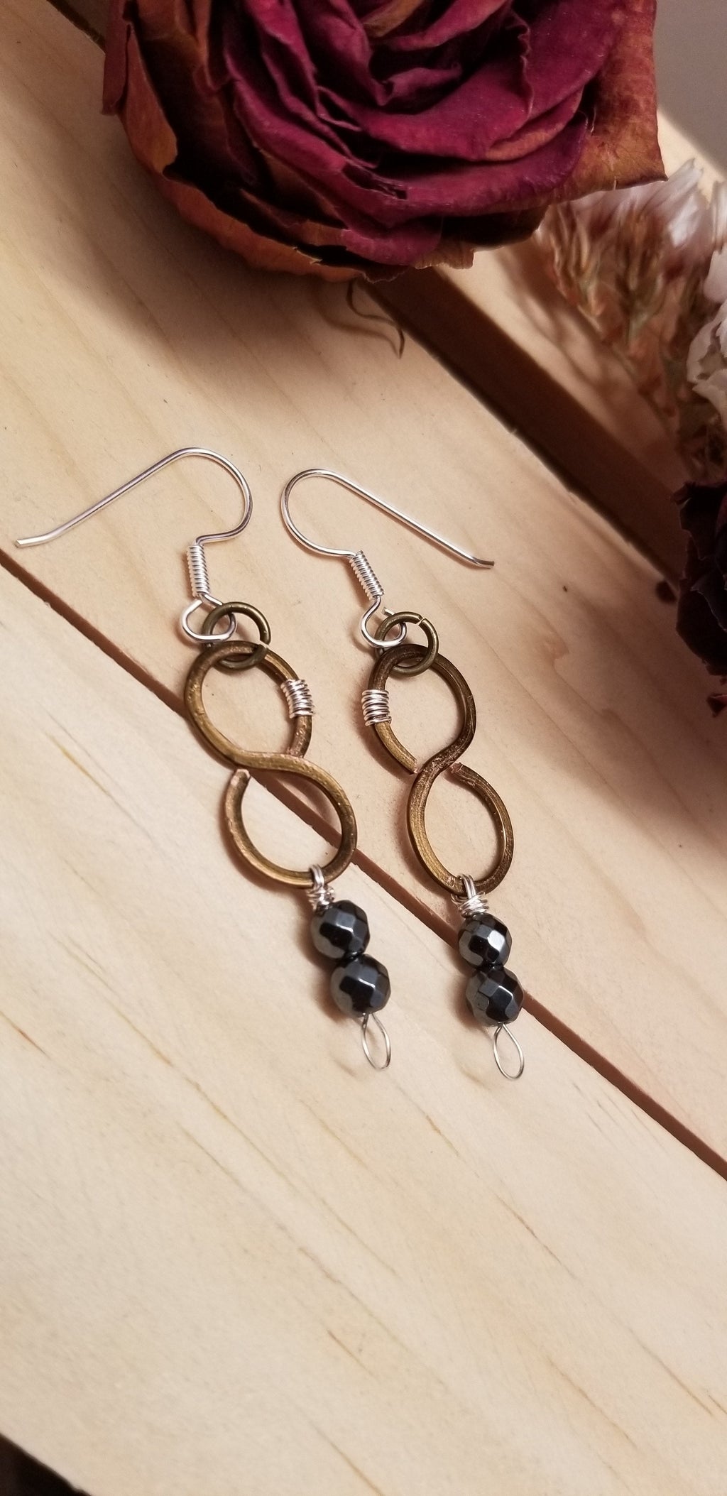 Handmade Copper Hematite Figure Eight Earrings – Wire Wrapped Dangle Earrings | Artisan Jewelry
