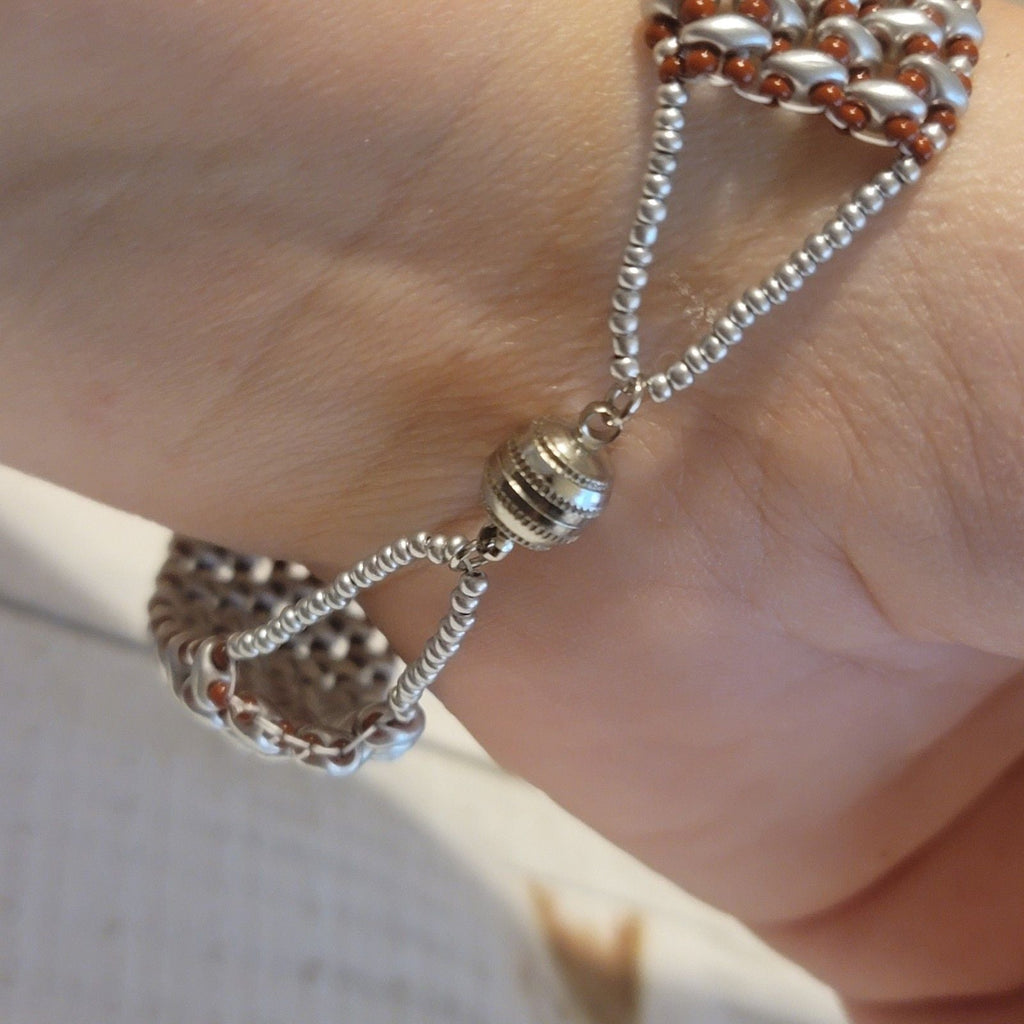 Handmade Silver & Brown Beaded Adjustable Bracelet with Magnetic Clasp