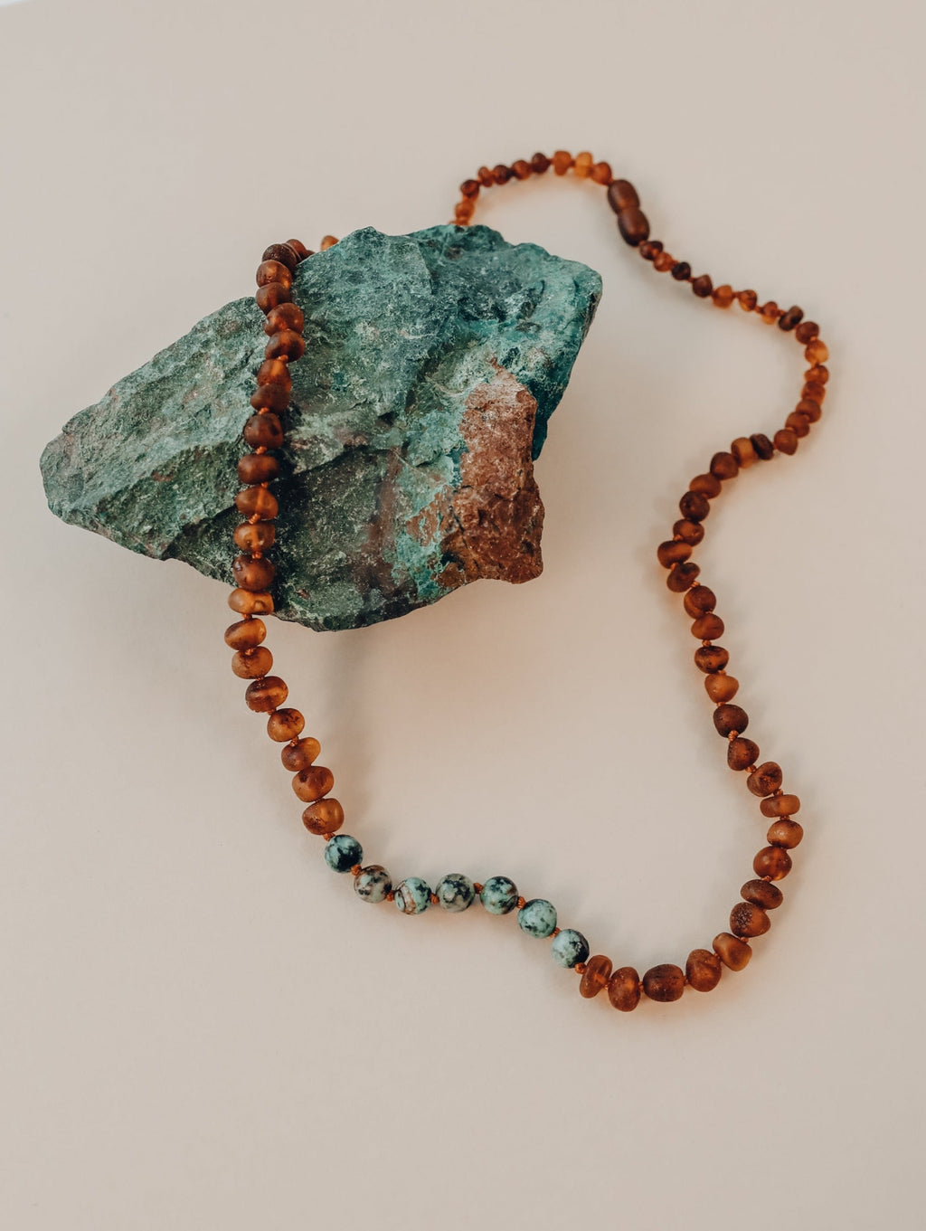 Raw Cognac Baltic Amber Necklace with Turquoise Jasper | Handmade Natural Gemstone Jewelry