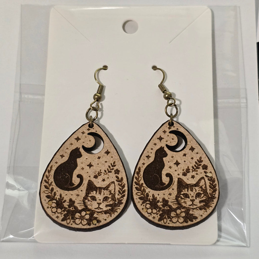 Celestial Cat Teardrop Earrings – Laser Engraved Wooden Moon & Floral Design | Lightweight Dangle Jewelry