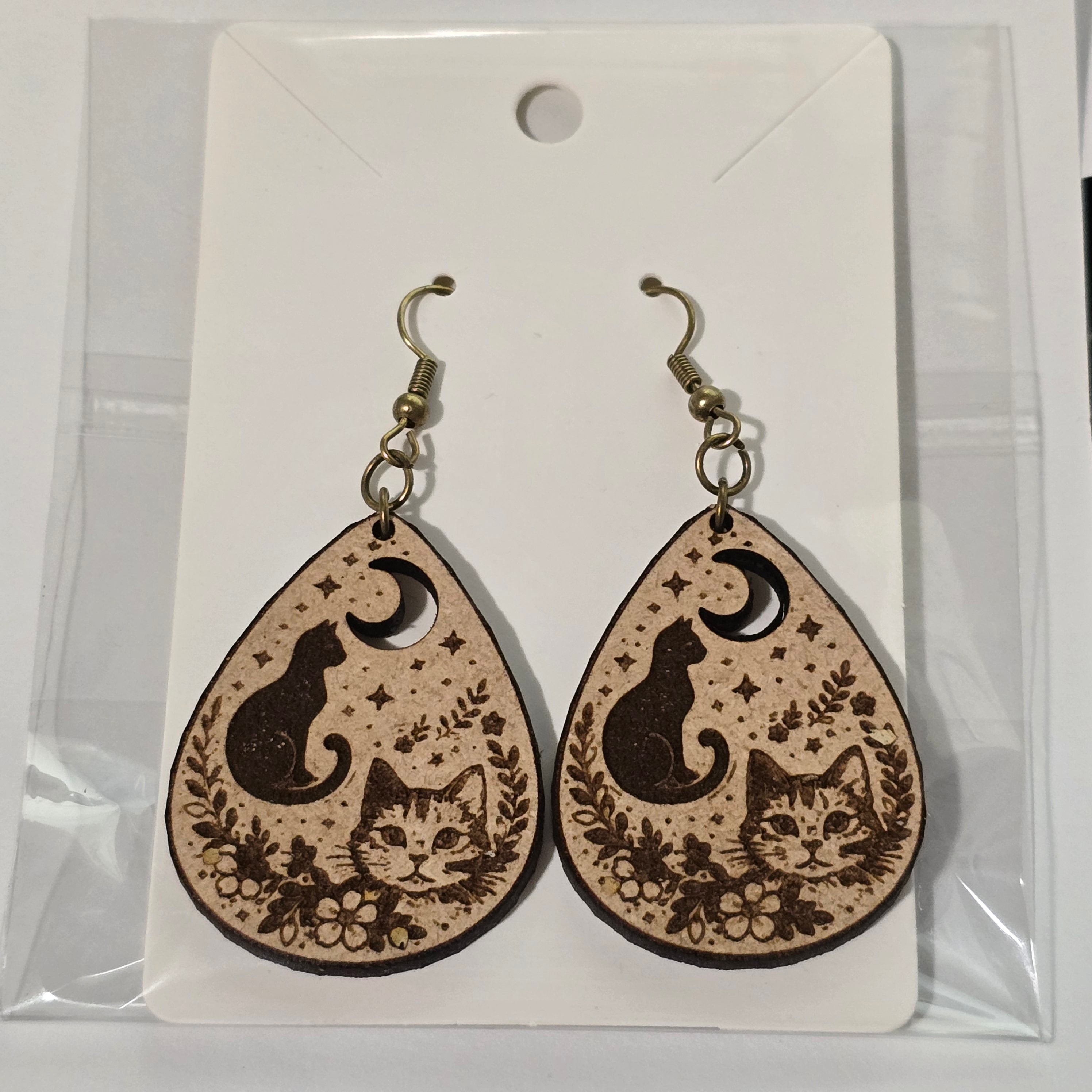 Celestial Cat Teardrop Earrings – Laser Engraved Wooden Moon & Floral Design | Lightweight Dangle Jewelry