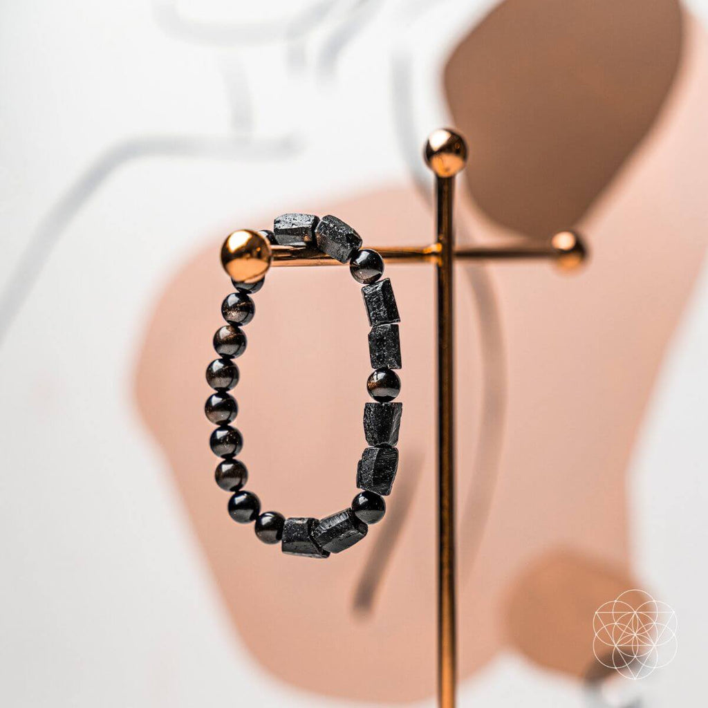 Natural Stone Beaded Bracelet – Black & Neutral Gemstone Bracelet | Stretch Everyday Jewelry