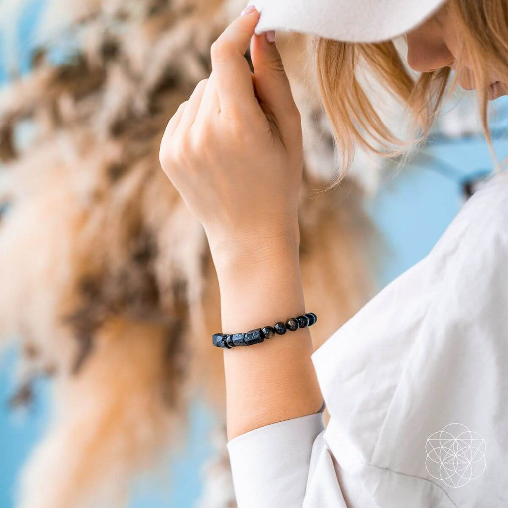Natural Stone Beaded Bracelet – Black & Neutral Gemstone Bracelet | Stretch Everyday Jewelry