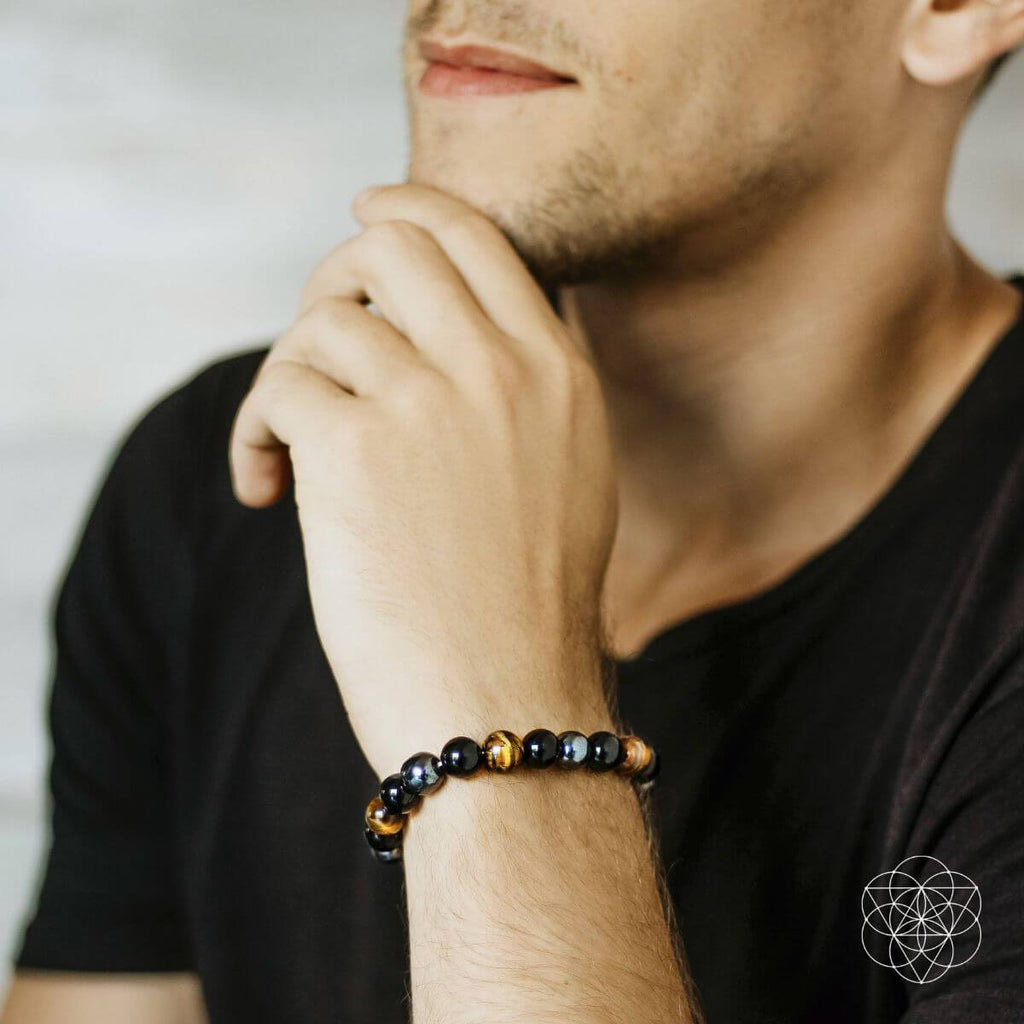 Natural Stone Beaded Bracelet – Mixed Black, Gold & Brown Gemstone Bracelet | Stretch Jewelry