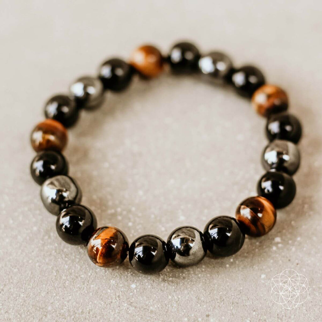 Natural Stone Beaded Bracelet – Mixed Black, Gold & Brown Gemstone Bracelet | Stretch Jewelry