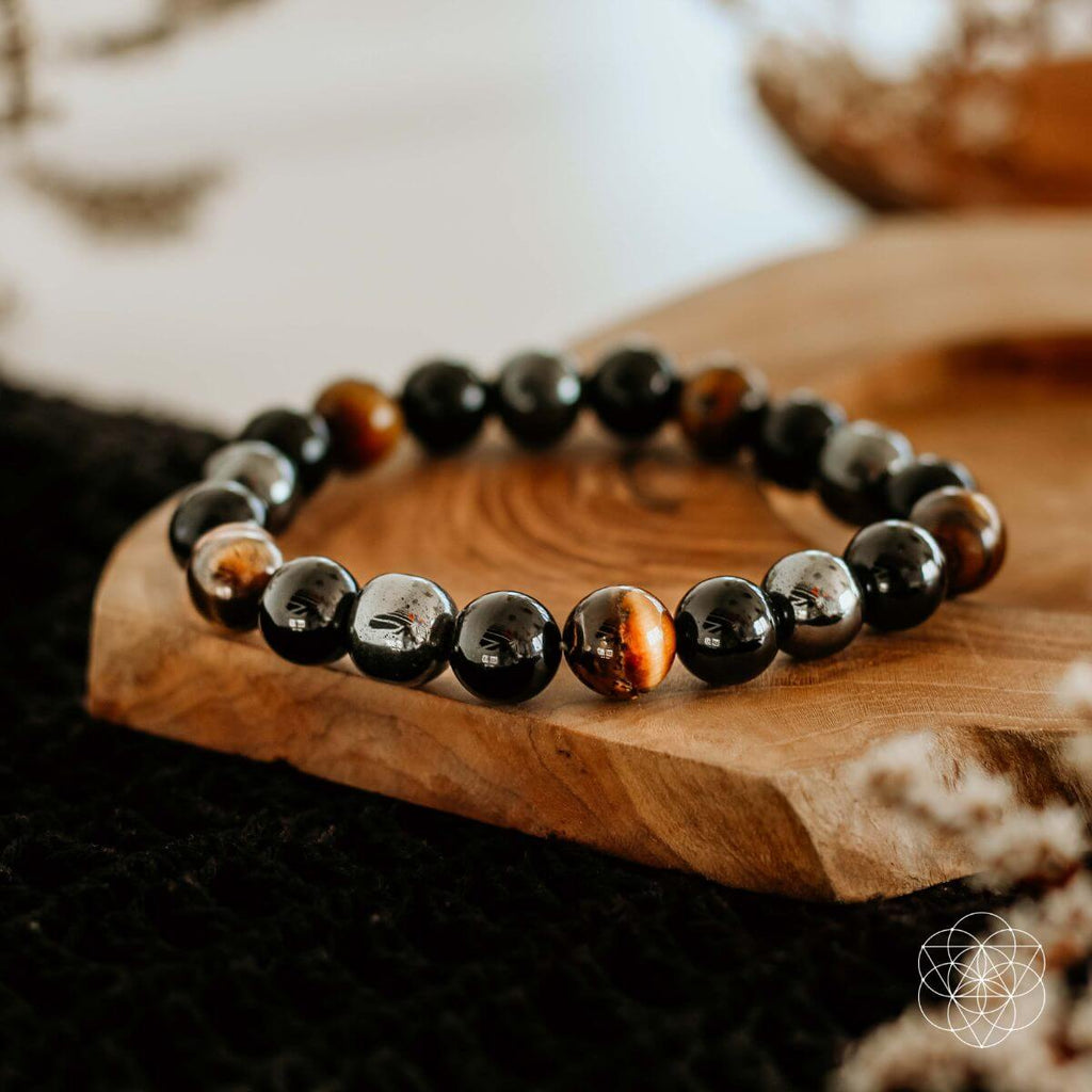 Natural Stone Beaded Bracelet – Mixed Black, Gold & Brown Gemstone Bracelet | Stretch Jewelry