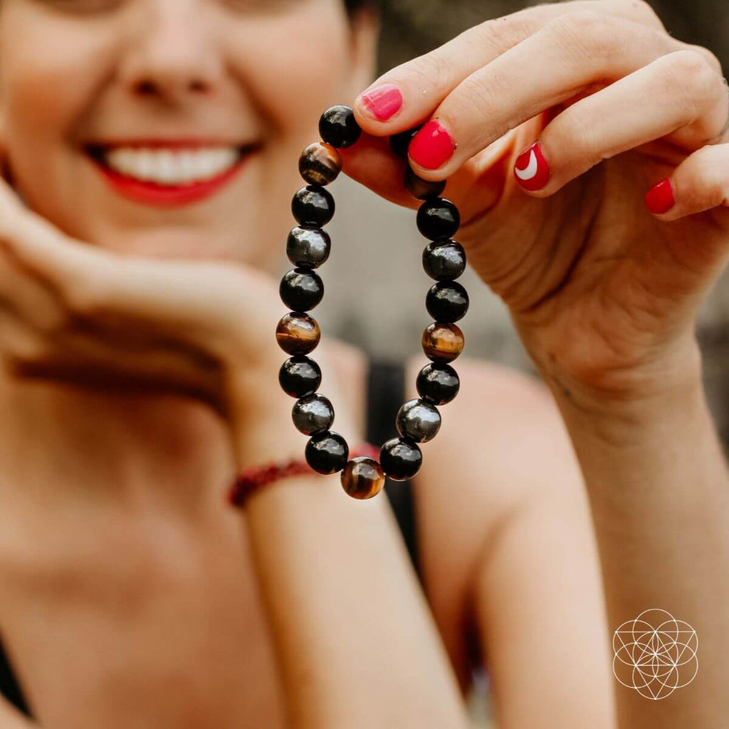 Natural Stone Beaded Bracelet – Mixed Black, Gold & Brown Gemstone Bracelet | Stretch Jewelry