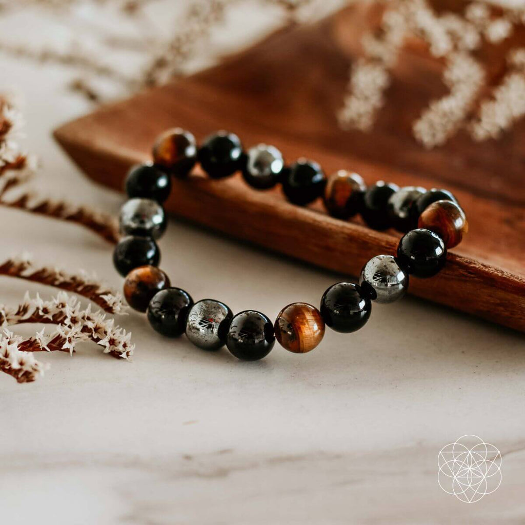 Natural Stone Beaded Bracelet – Mixed Black, Gold & Brown Gemstone Bracelet | Stretch Jewelry